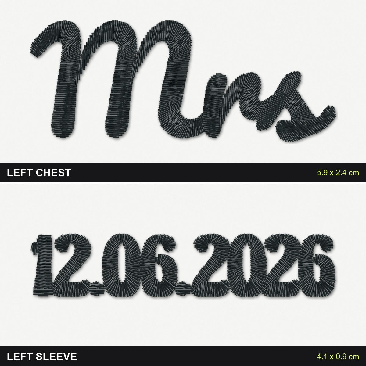 Mrs Sweatshirt with Wedding Date on the Sleeve: close-up of the real stitches with sizes