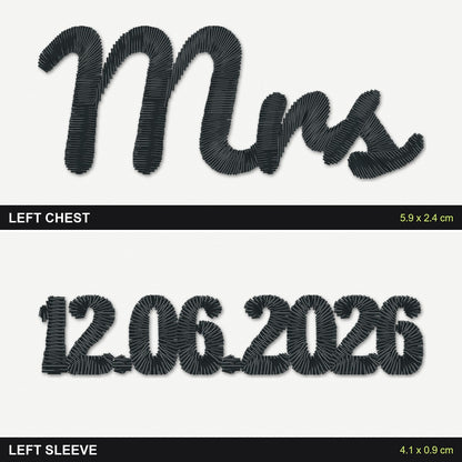 Mrs Sweatshirt with Wedding Date on the Sleeve: close-up of the real stitches with sizes