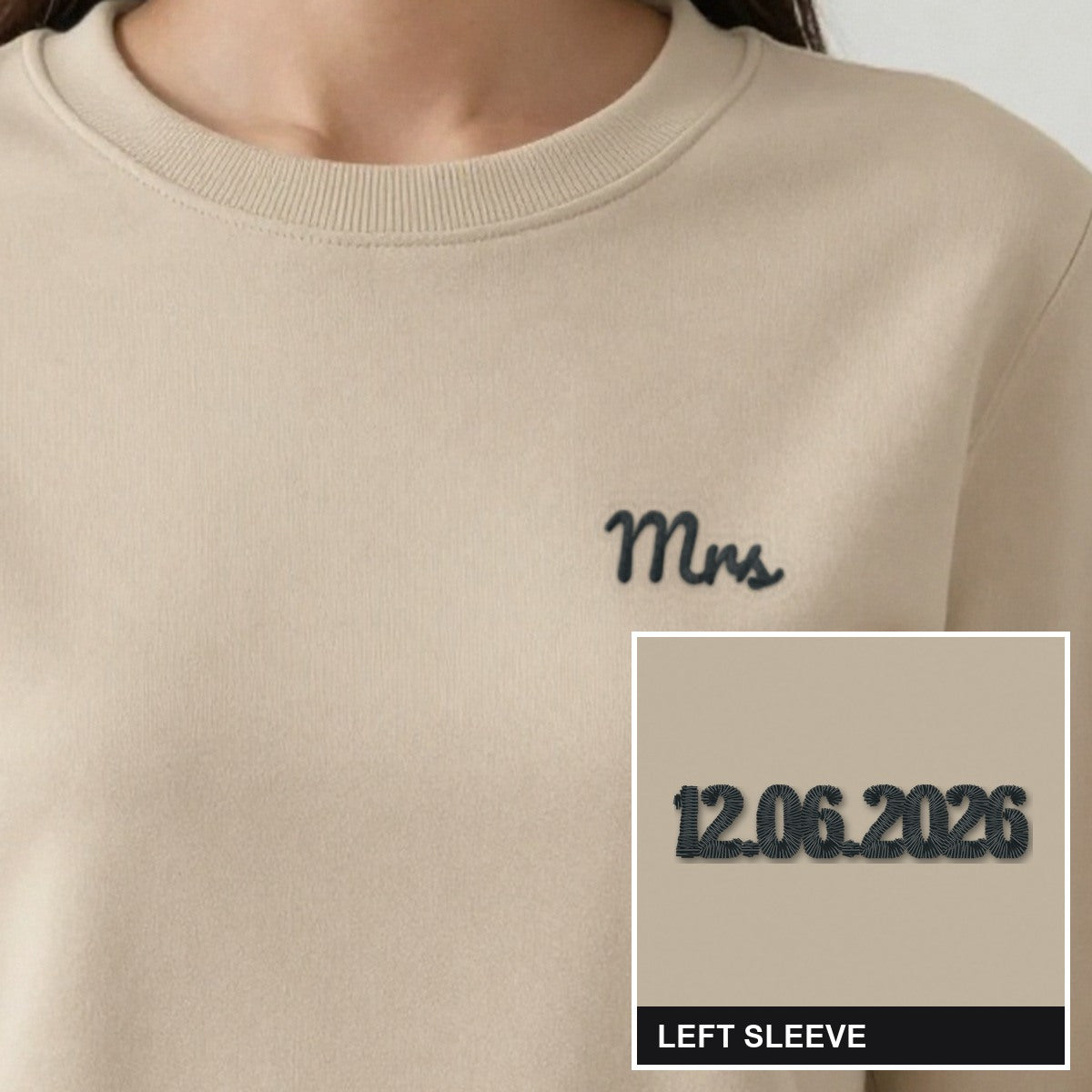 Mrs Sweatshirt with Wedding Date on the Sleeve, adult sweatshirt in sand, embroidered