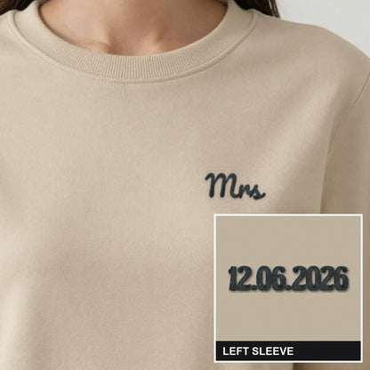 Mrs Sweatshirt with Wedding Date on the Sleeve, adult sweatshirt in sand, embroidered