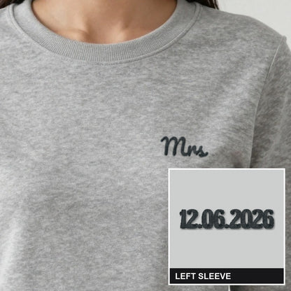 Mrs Sweatshirt with Wedding Date on the Sleeve, adult sweatshirt in ash, embroidered