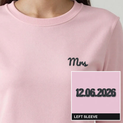 Mrs Sweatshirt with Wedding Date on the Sleeve, adult sweatshirt in light pink, embroidered