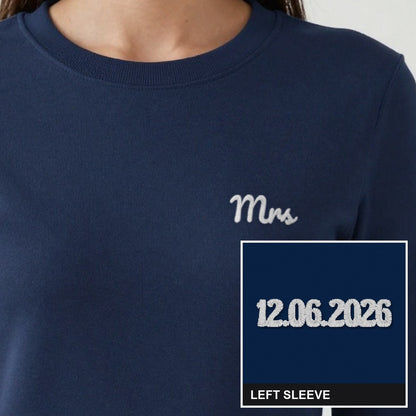 Mrs Sweatshirt with Wedding Date on the Sleeve, adult sweatshirt in navy, embroidered
