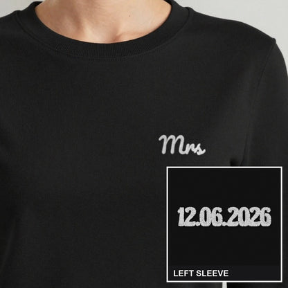 Mrs Sweatshirt with Wedding Date on the Sleeve, adult sweatshirt in black, embroidered