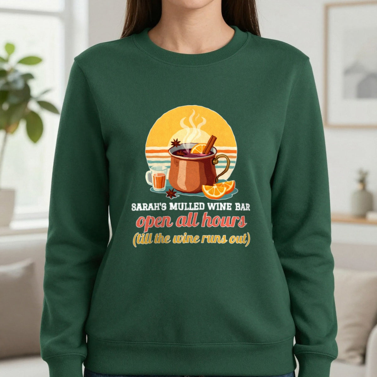 Personalised Mulled Wine Bar Christmas Jumper & T-Shirt Sweatshirt in Forest Green, worn, our photo