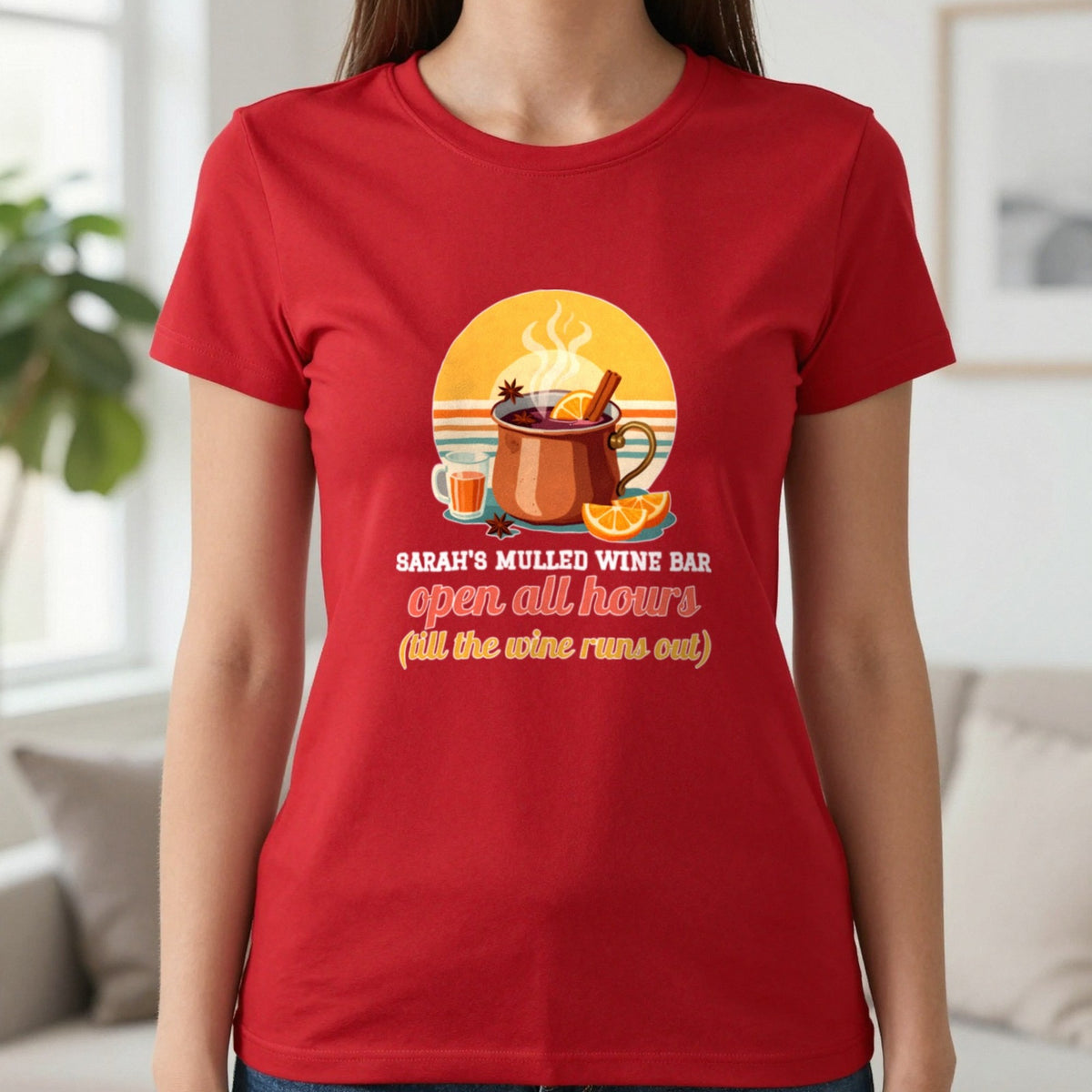 Personalised Mulled Wine Bar Christmas Jumper & T-Shirt T-Shirt in Red, worn, our photo