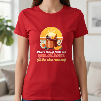 Personalised Mulled Wine Bar Christmas Jumper & T-Shirt T-Shirt in Red, worn, our photo