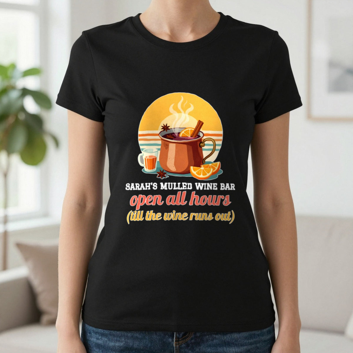Personalised Mulled Wine Bar Christmas Jumper & T-Shirt T-Shirt in Black, worn, our photo
