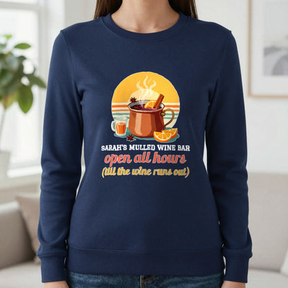 Personalised Mulled Wine Bar Christmas Jumper & T-Shirt Sweatshirt in Navy, worn, our photo