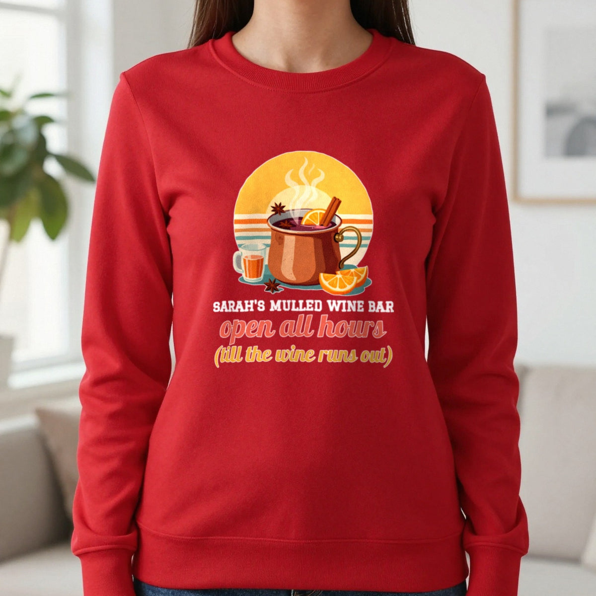 Personalised Mulled Wine Bar Christmas Jumper & T-Shirt Sweatshirt in Red, worn, our photo