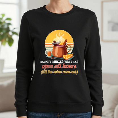 Personalised Mulled Wine Bar Christmas Jumper & T-Shirt Sweatshirt in Black, worn, our photo