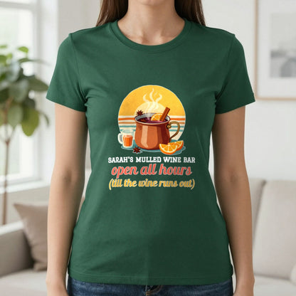 Personalised Mulled Wine Bar Christmas Jumper & T-Shirt T-Shirt in Forest Green, worn, our photo