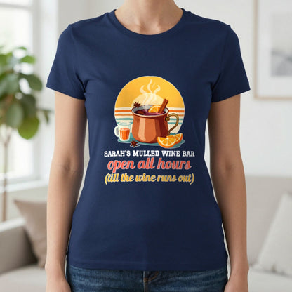 Personalised Mulled Wine Bar Christmas Jumper & T-Shirt T-Shirt in Navy, worn, our photo