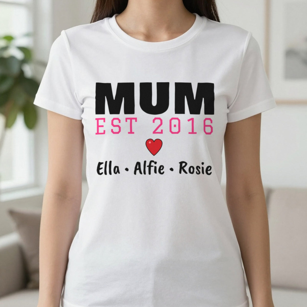 Personalised Mum Est. T-Shirt With Kids Names T-Shirt in White, worn, our photo
