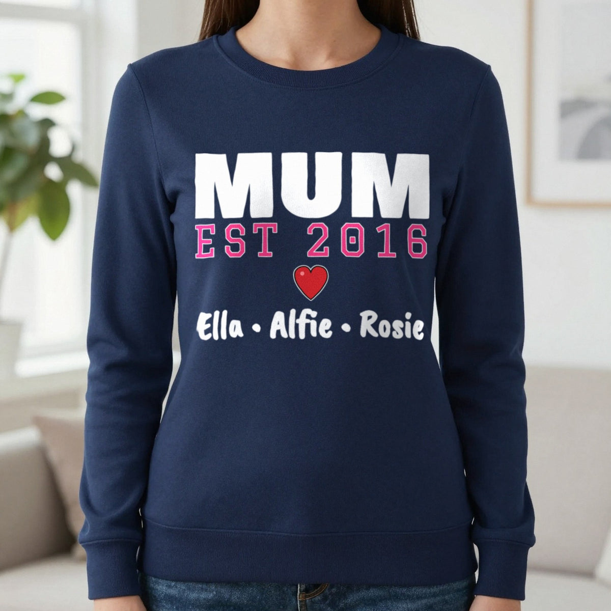Personalised Mum Est. T-Shirt With Kids Names Sweatshirt in Navy, worn, our photo