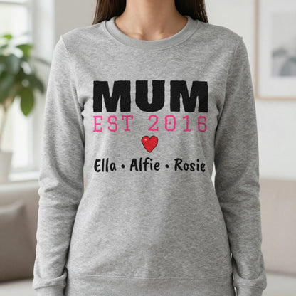 Personalised Mum Est. T-Shirt With Kids Names Sweatshirt in Sport Grey, worn, our photo