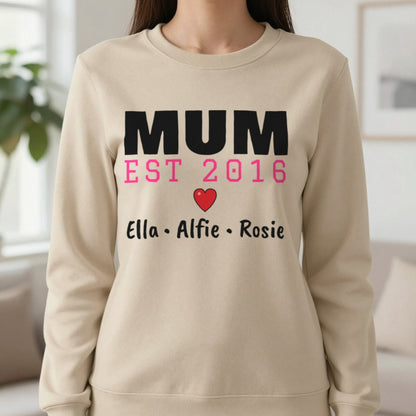 Personalised Mum Est. T-Shirt With Kids Names Sweatshirt in Sand, worn, our photo