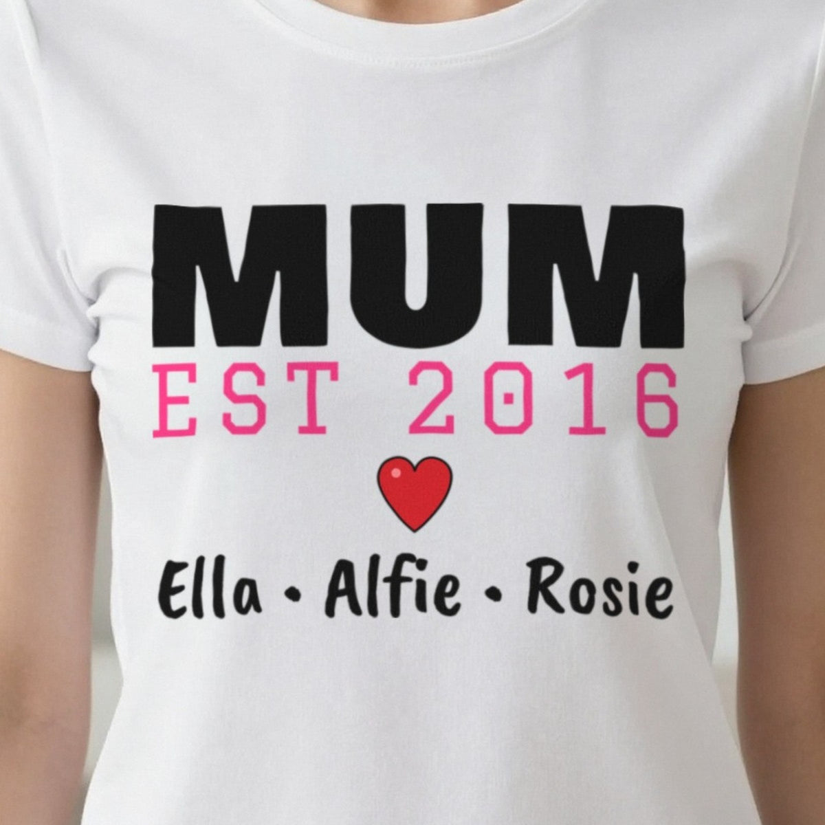 Personalised Mum Est. T-Shirt With Kids Names print close-up, our photo
