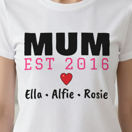 Personalised Mum Est. T-Shirt With Kids Names print close-up, our photo