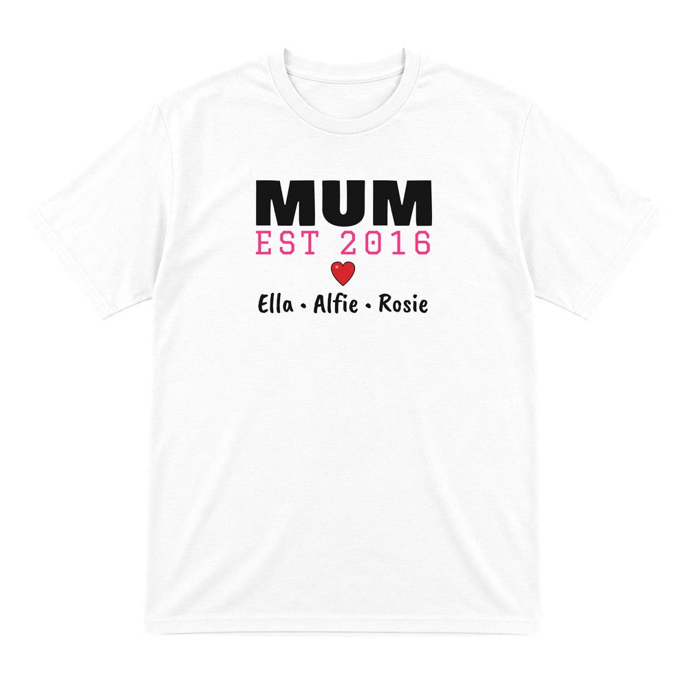 Personalised Mum Est. T-Shirt With Kids Names laid flat