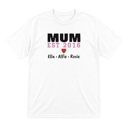 Personalised Mum Est. T-Shirt With Kids Names laid flat