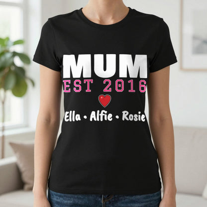 Personalised Mum Est. T-Shirt With Kids Names T-Shirt in Black, worn, our photo