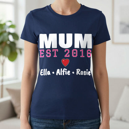 Personalised Mum Est. T-Shirt With Kids Names T-Shirt in Navy, worn, our photo
