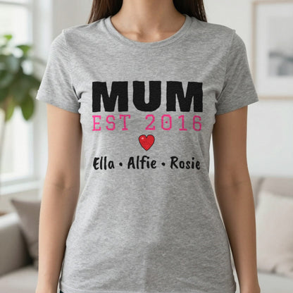 Personalised Mum Est. T-Shirt With Kids Names T-Shirt in Sport Grey, worn, our photo