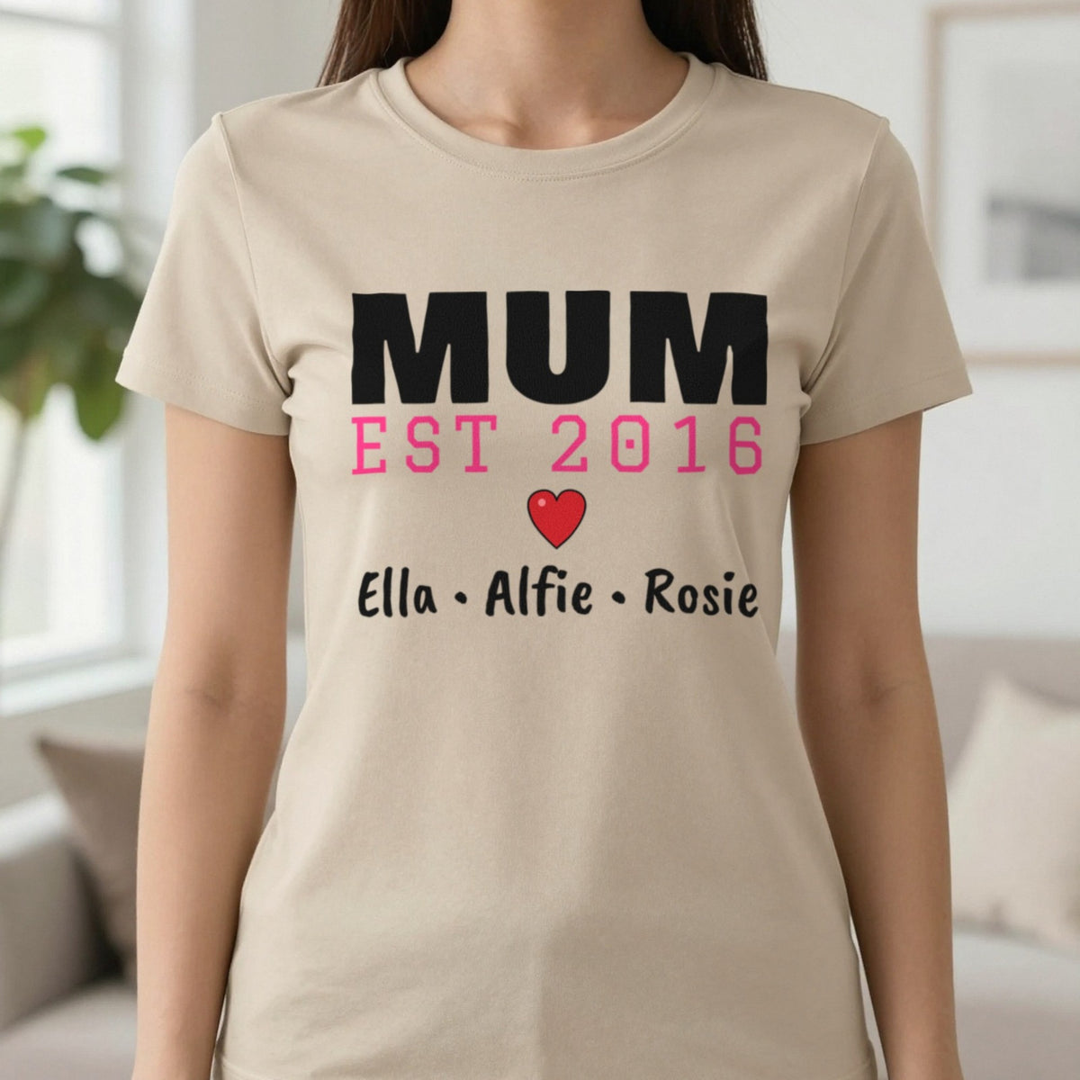 Personalised Mum Est. T-Shirt With Kids Names T-Shirt in Sand, worn, our photo