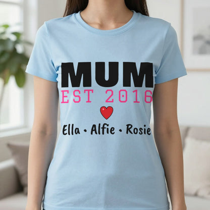 Personalised Mum Est. T-Shirt With Kids Names T-Shirt in Light Blue, worn, our photo