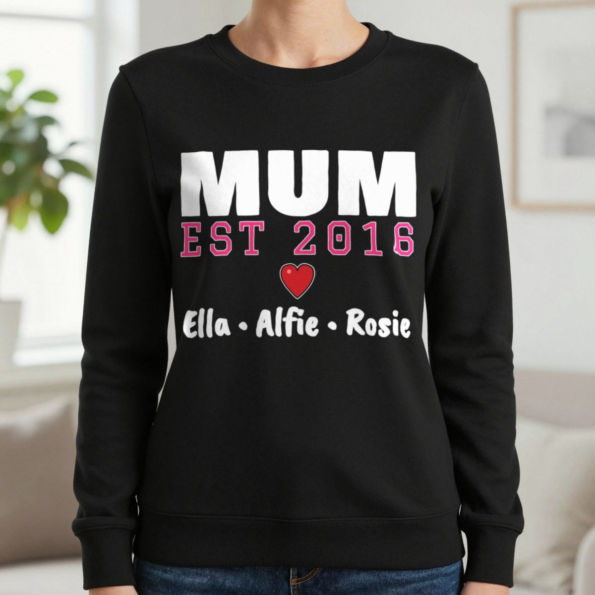 Personalised Mum Est. T-Shirt With Kids Names Sweatshirt in Black, worn, our photo