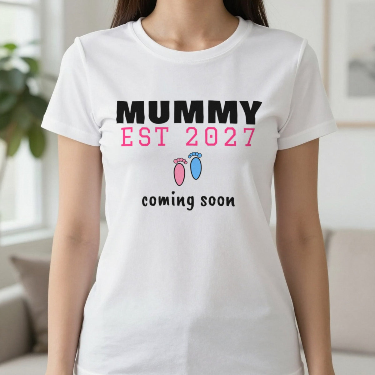 Personalised Mummy Est. 2027 T-Shirt T-Shirt in White, worn, our photo