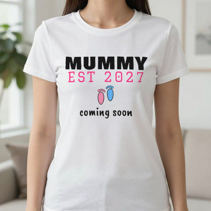 Personalised Mummy Est. 2027 T-Shirt T-Shirt in White, worn, our photo