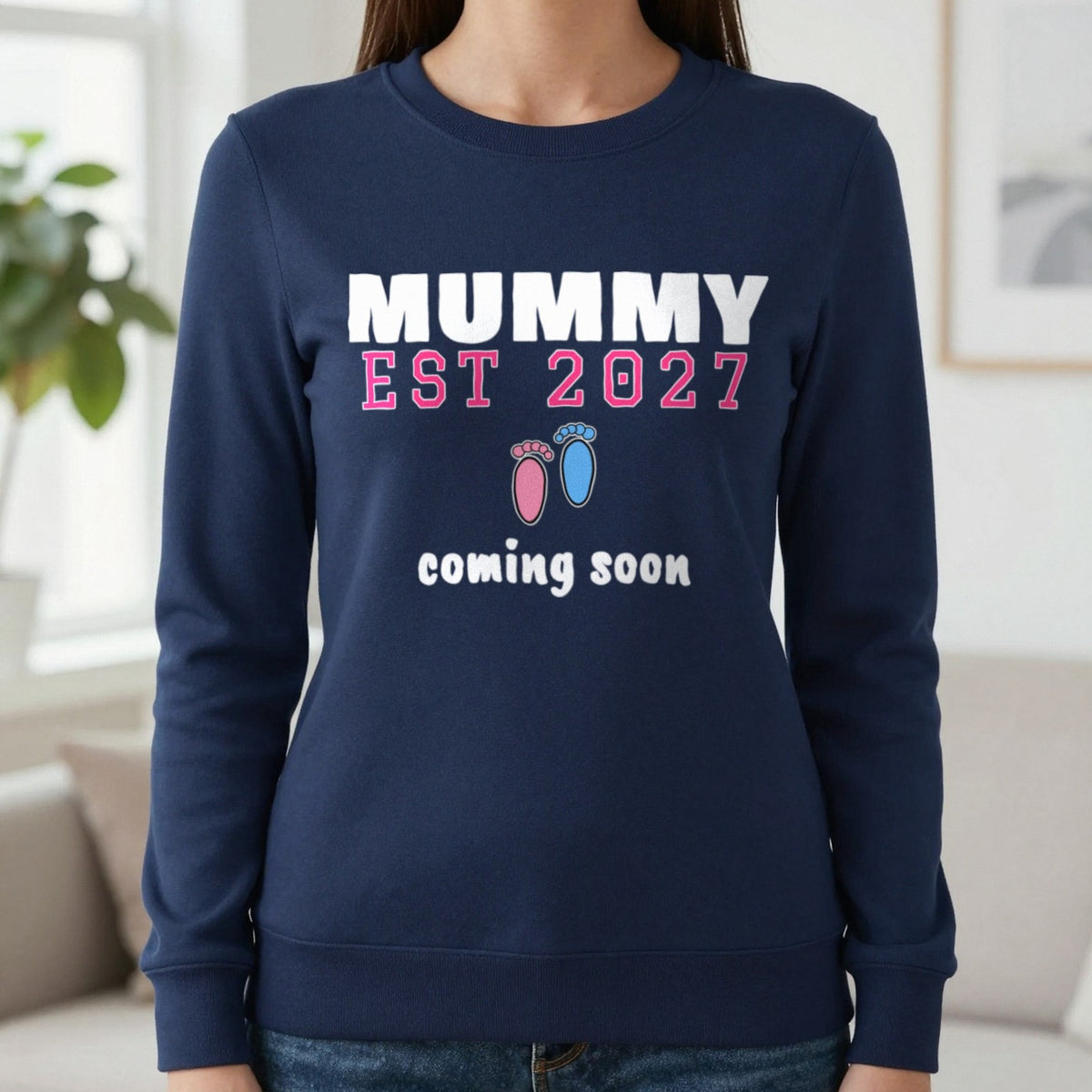 Personalised Mummy Est. 2027 T-Shirt Sweatshirt in Navy, worn, our photo