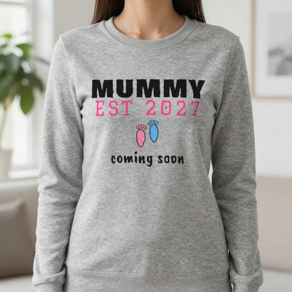 Personalised Mummy Est. 2027 T-Shirt Sweatshirt in Sport Grey, worn, our photo