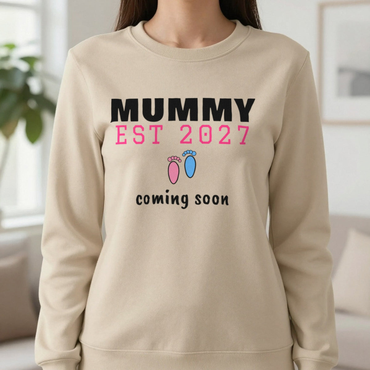Personalised Mummy Est. 2027 T-Shirt Sweatshirt in Sand, worn, our photo
