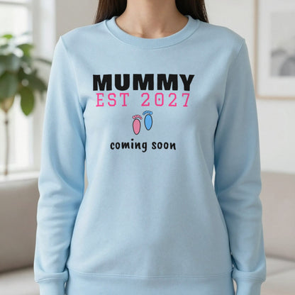 Personalised Mummy Est. 2027 T-Shirt Sweatshirt in Light Blue, worn, our photo