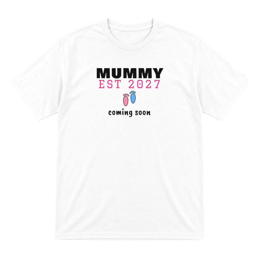 Personalised Mummy Est. 2027 T-Shirt laid flat