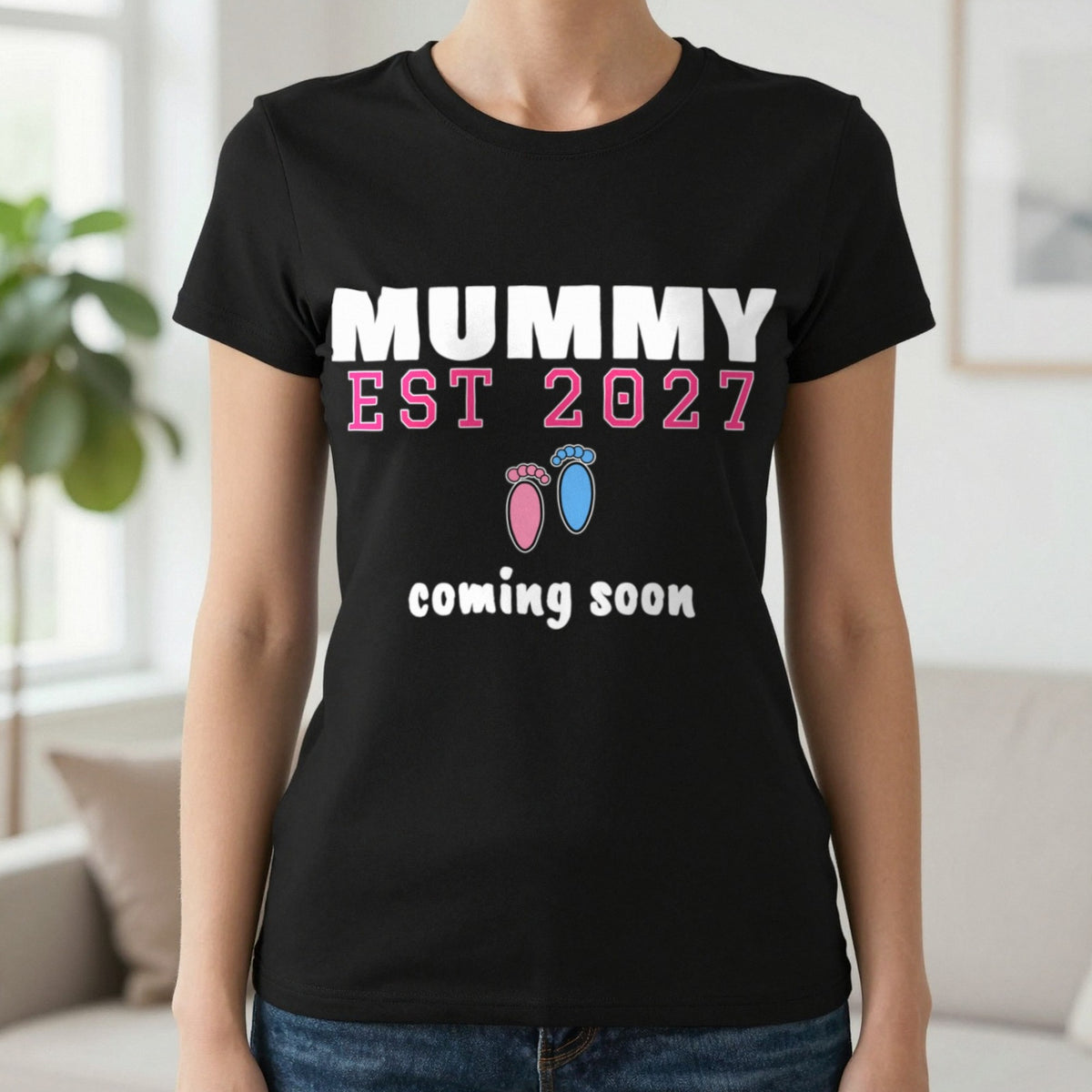 Personalised Mummy Est. 2027 T-Shirt T-Shirt in Black, worn, our photo