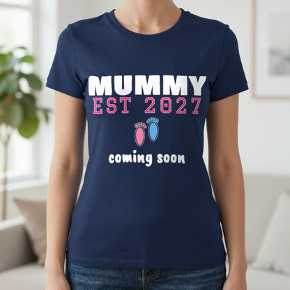 Personalised Mummy Est. 2027 T-Shirt T-Shirt in Navy, worn, our photo