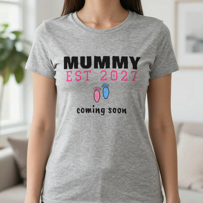 Personalised Mummy Est. 2027 T-Shirt T-Shirt in Sport Grey, worn, our photo