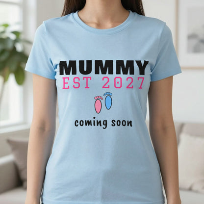 Personalised Mummy Est. 2027 T-Shirt T-Shirt in Light Blue, worn, our photo