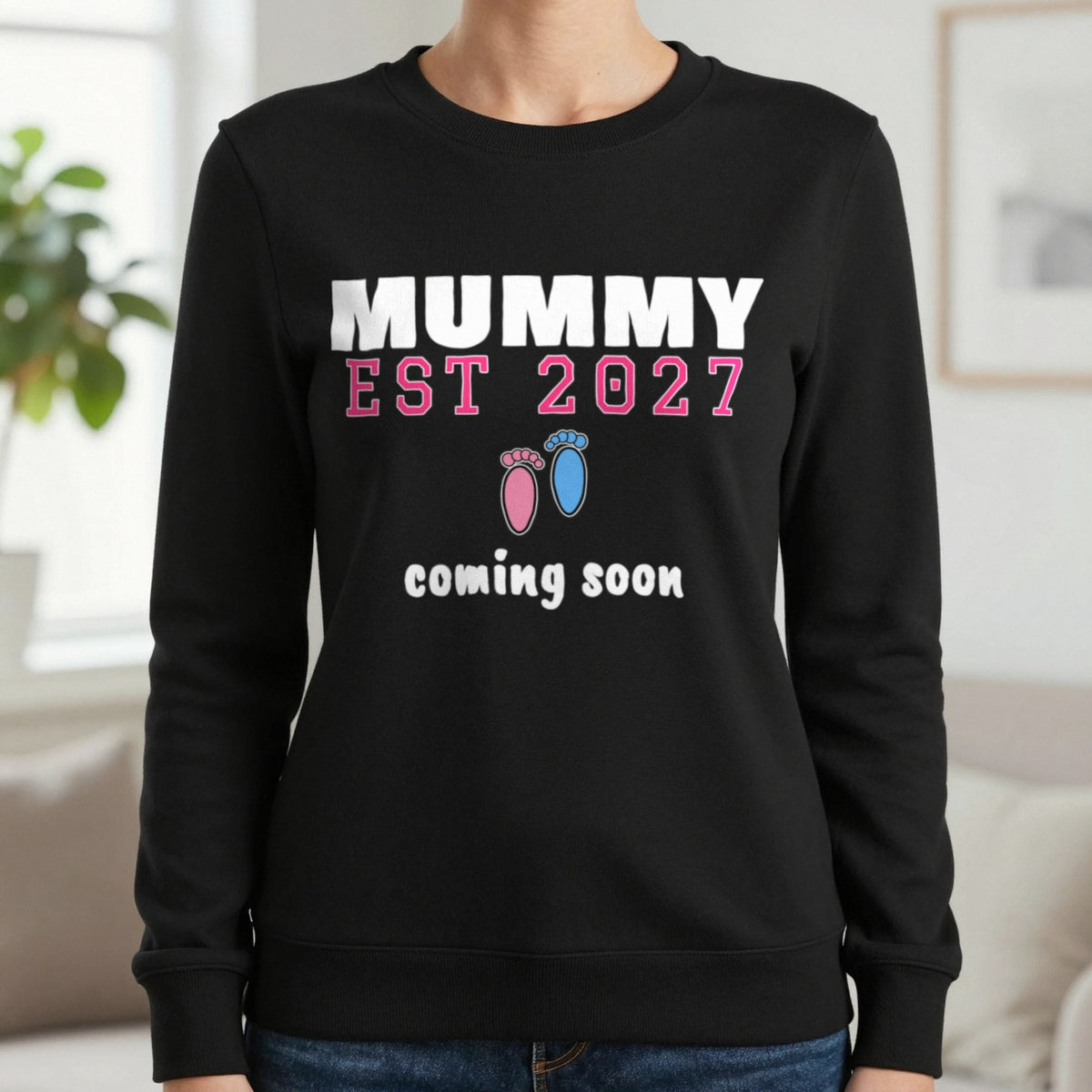 Personalised Mummy Est. 2027 T-Shirt Sweatshirt in Black, worn, our photo