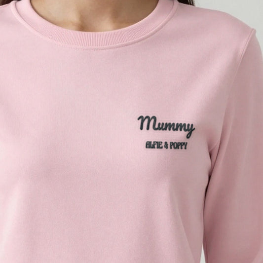Personalised Embroidered Mummy Sweatshirt with Kids Names, worn