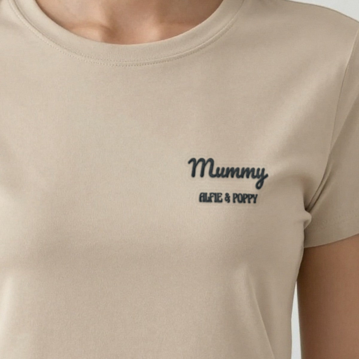 Mummy Sweatshirt with Kids Names, adult t-shirt in sand, embroidered