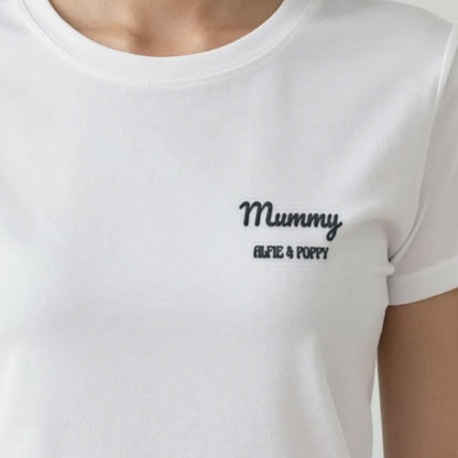 Mummy Sweatshirt with Kids Names, adult t-shirt in white, embroidered