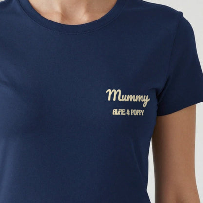 Mummy Sweatshirt with Kids Names, adult t-shirt in navy, embroidered