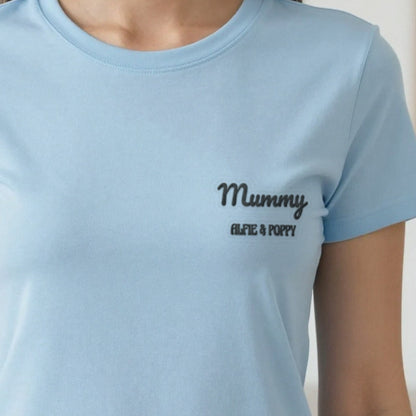 Mummy Sweatshirt with Kids Names, adult t-shirt in light blue, embroidered