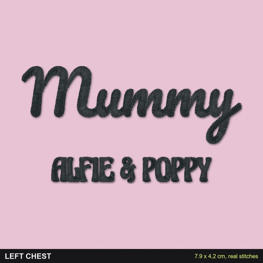 Mummy Sweatshirt with Kids Names: close-up of the real stitches with sizes