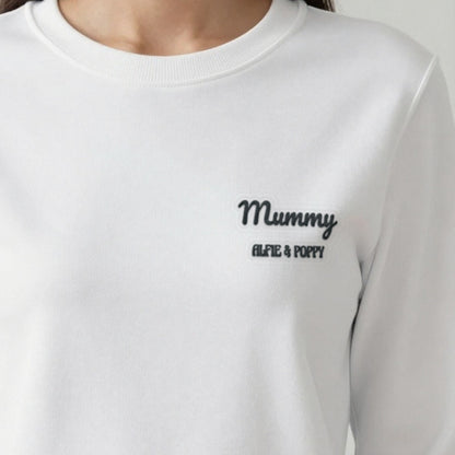 Mummy Sweatshirt with Kids Names, adult sweatshirt in white, embroidered